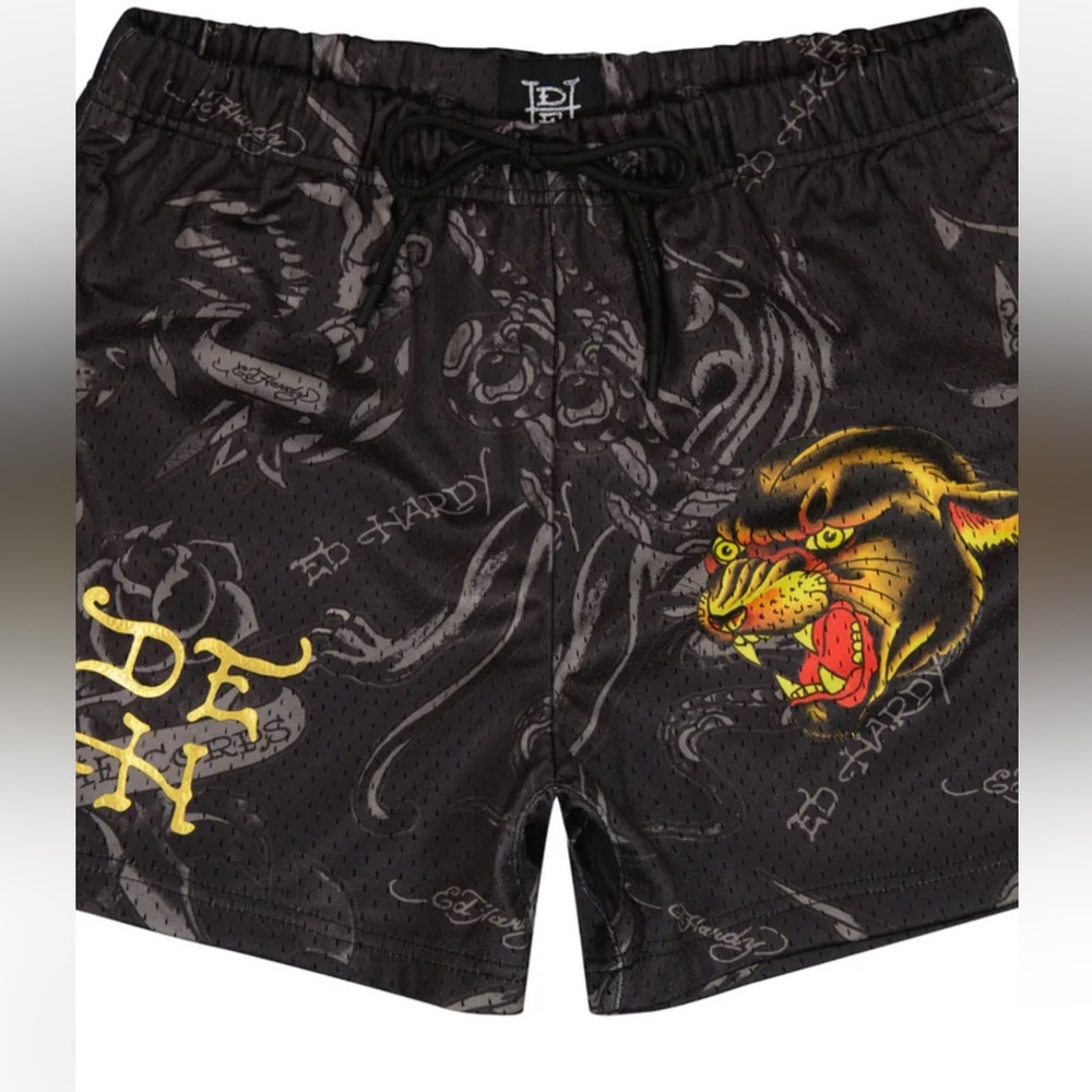Ed Hardy Black and Gold Graphic Panther Mesh Shorts L